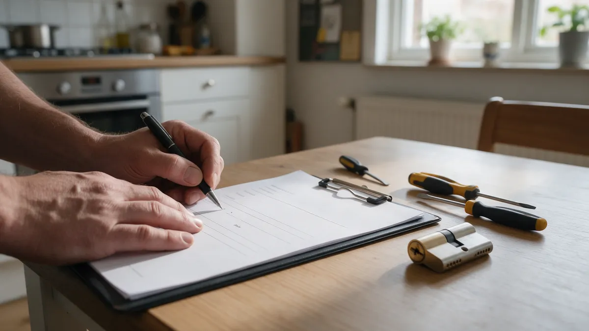 Handen van een vakman vullen een prijsopgave in op een klembord naast gereedschap en een cilinder