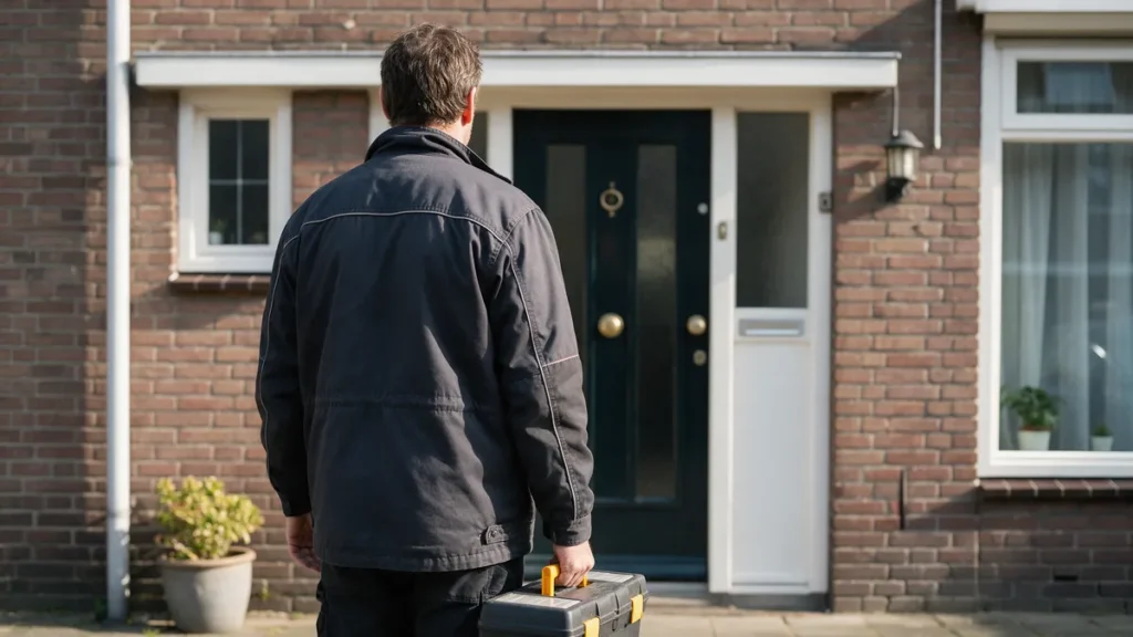 Slotenmaker met gereedschapskist, van achteren gezien, bij de voordeur van een bakstenen rijtjeshuis