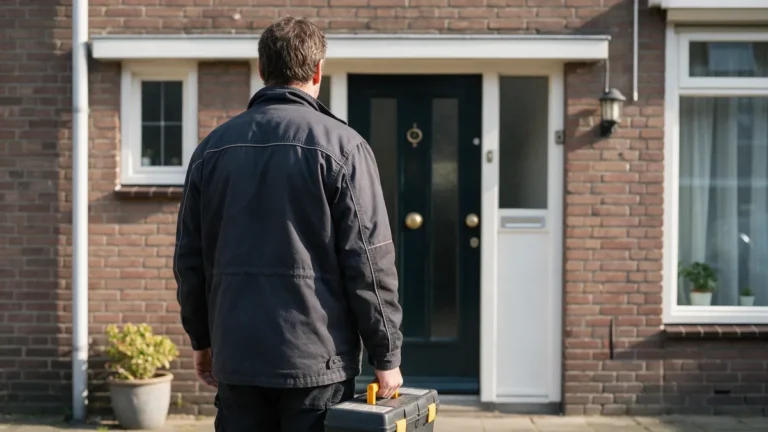 Slotenmaker met gereedschapskist, van achteren gezien, bij de voordeur van een bakstenen rijtjeshuis