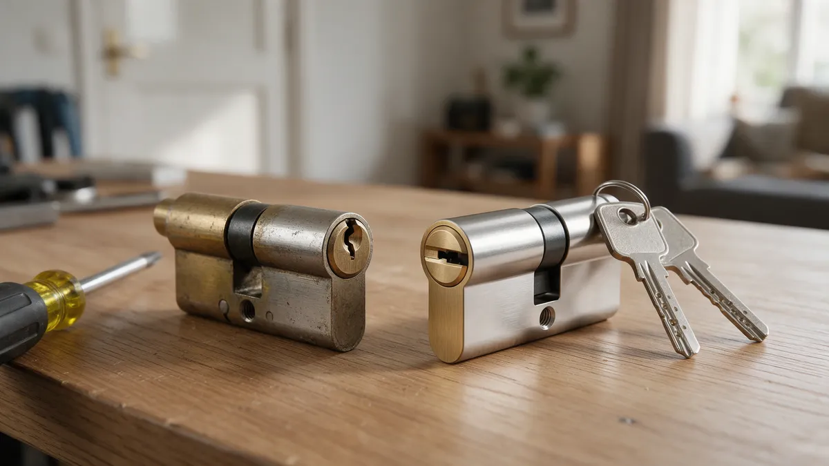 Versleten oude cilinder naast een nieuwe europrofielcilinder met sleutels en een schroevendraaier op een houten tafel