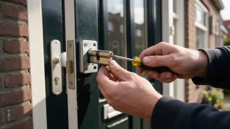 Vakman vervangt met een schroevendraaier de europrofielcilinder in een groene voordeur van een bakstenen huis