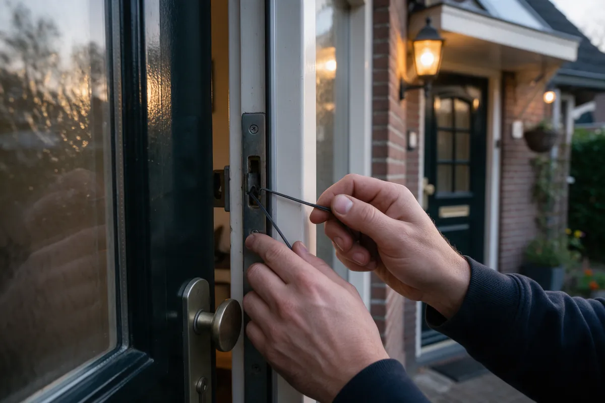 Slotenmaker opent een dichtgevallen voordeur met een dun openingsgereedschap tussen deur en kozijn
