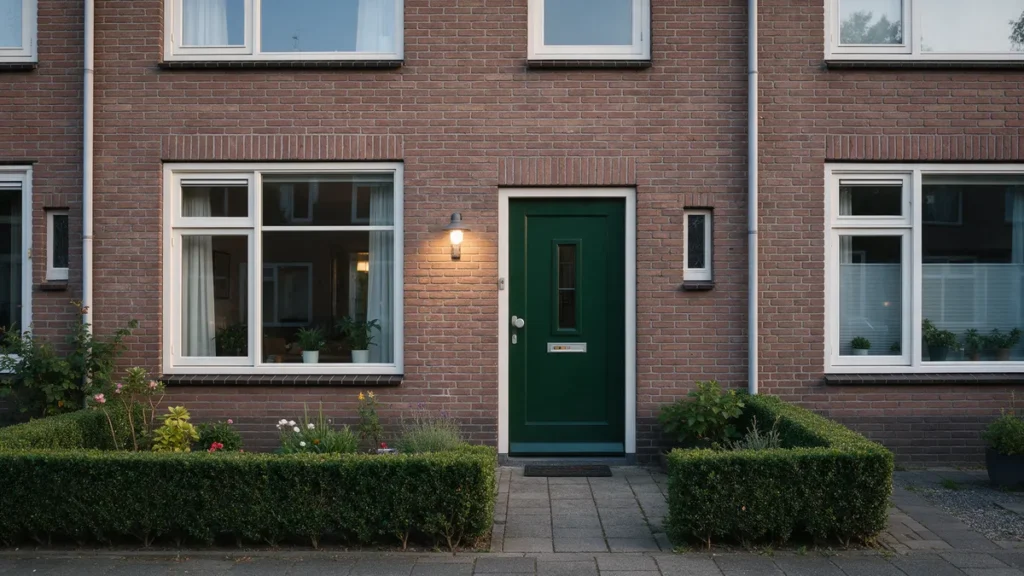 Groene voordeur van een Nederlands rijtjeshuis met brandende buitenlamp en lage heg in de avond