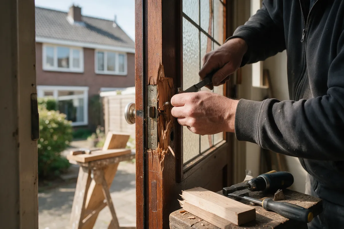 Vakman herstelt een beschadigd houten deurkozijn bij het slot na een inbraakpoging
