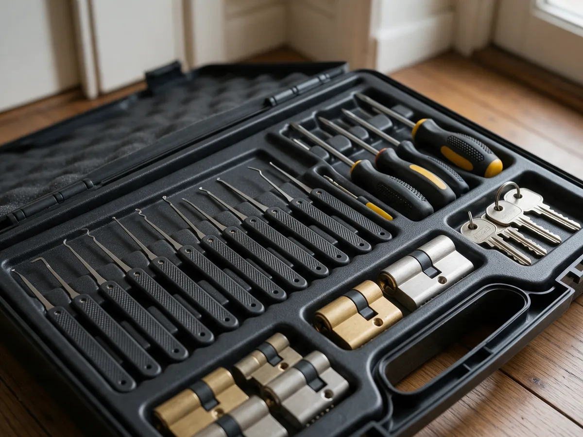 Geopende gereedschapskoffer van een slotenmaker met opengereedschap, schroevendraaiers en reservecilinders