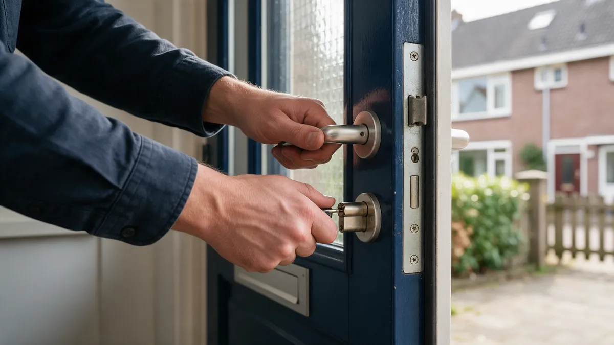 Handen van een vakman testen kruk en cilinder van een blauwe voordeur met meerpuntsluiting