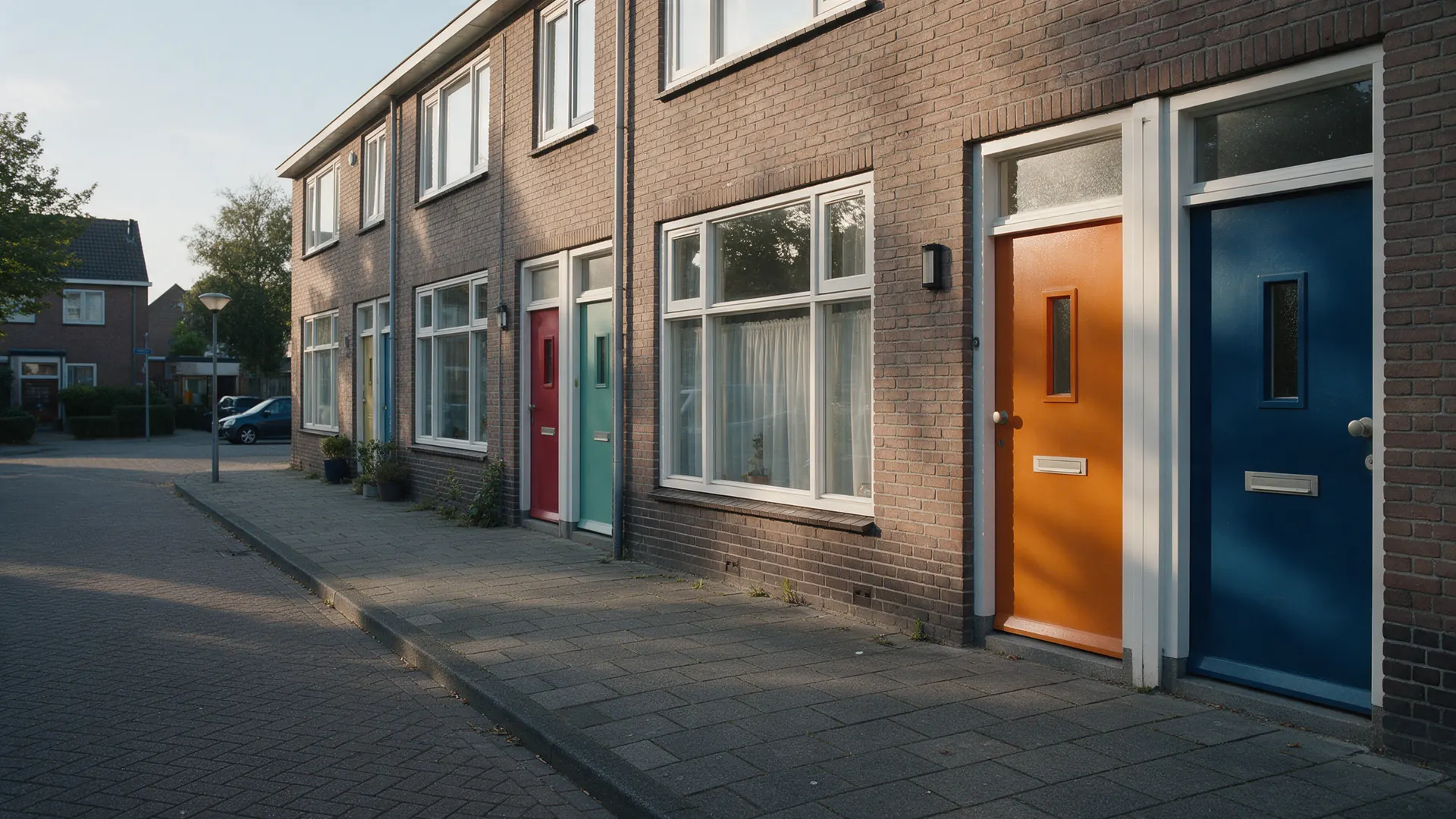 Nederlandse straat met bakstenen rijtjeshuizen en gekleurde voordeuren