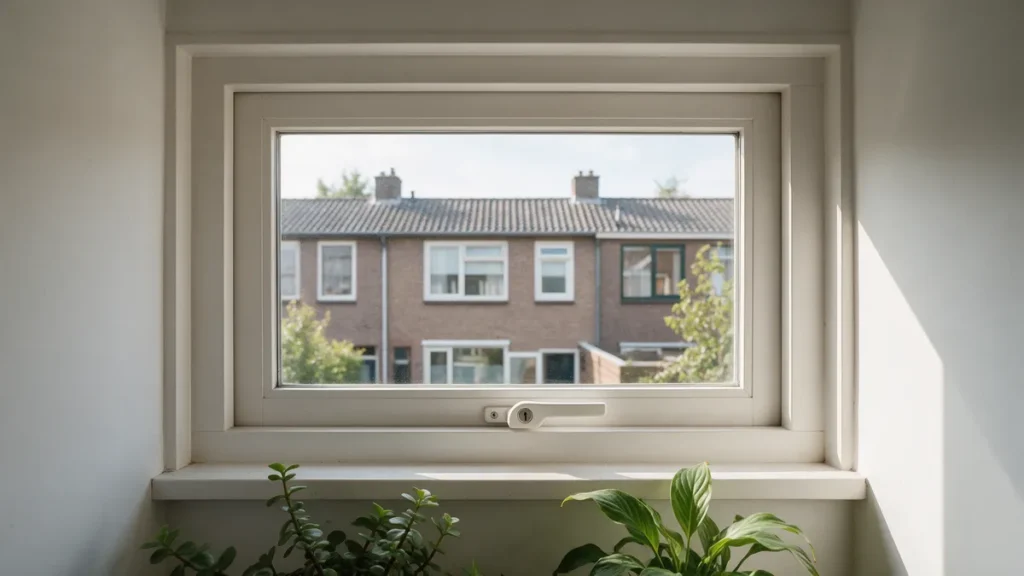 Gesloten wit houten raam met afsluitbare raamkruk en planten op de vensterbank, uitzicht op Nederlandse rijtjeshuizen