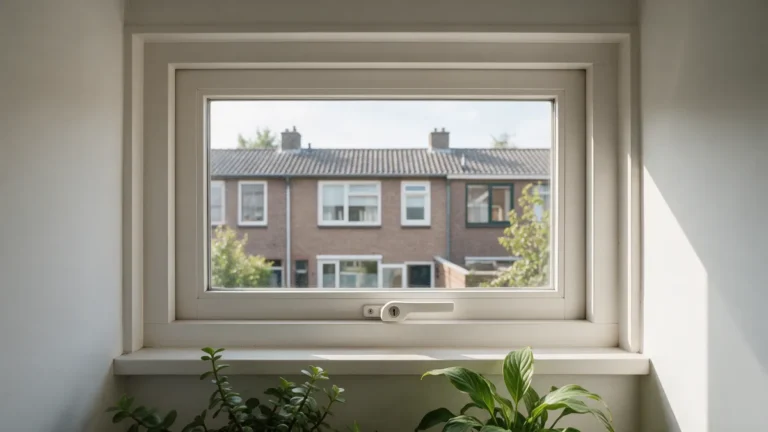 Gesloten wit houten raam met afsluitbare raamkruk en planten op de vensterbank, uitzicht op Nederlandse rijtjeshuizen