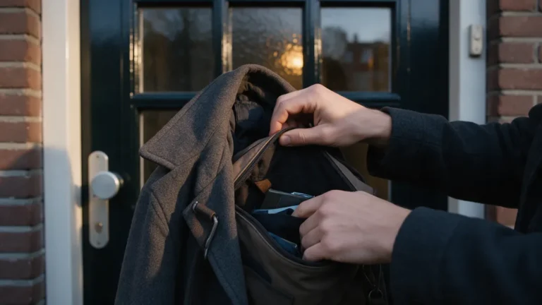 Iemand zoekt in tas en jaszak naar de huissleutel voor een dichte donkere voordeur van een bakstenen huis