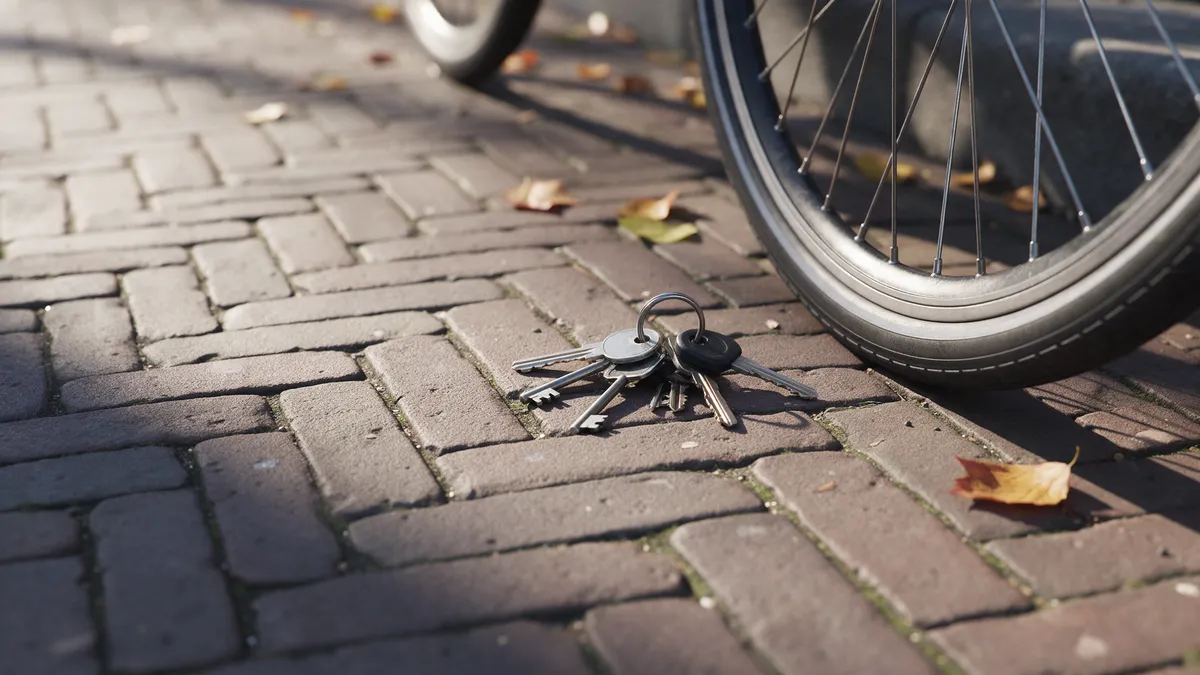Verloren sleutelbos op een klinkerstoep naast een fietswiel en herfstbladeren
