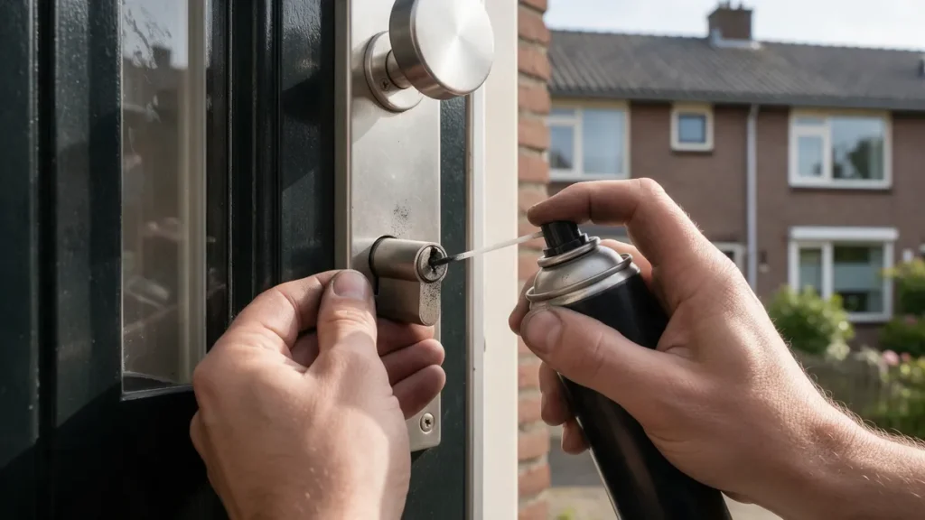 Vakman spuit met een rietje slotenspray in de cilinder van een voordeur met veiligheidsbeslag