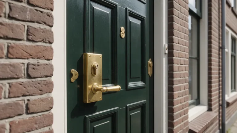 Groene voordeur van een bakstenen rijtjeshuis met veiligheidsbeslag, deurkruk en cilinderslot