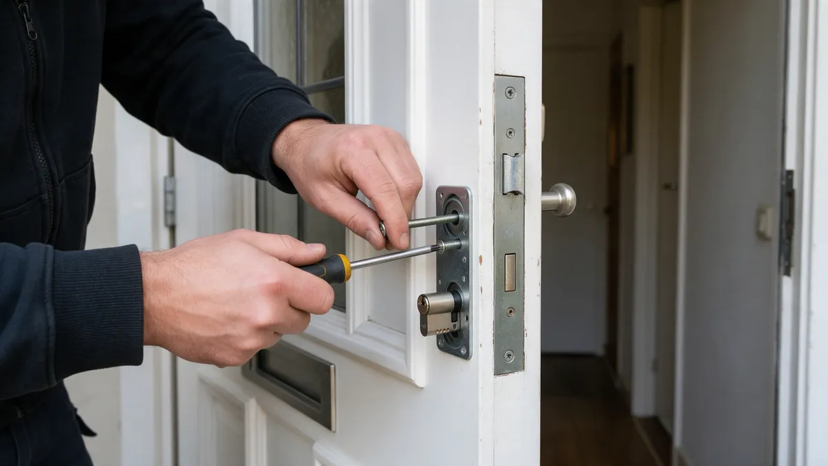 Vakman zet veiligheidsbeslag aan de binnenkant van een witte voordeur vast met doorgaande bouten en een schroevendraaier